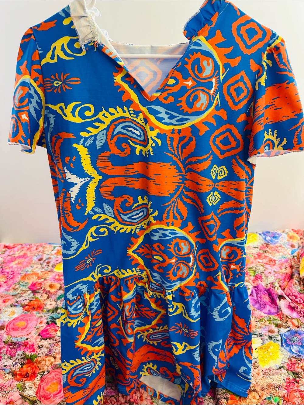 Vibrant Blue Orange Printed Short Sleeve Dress